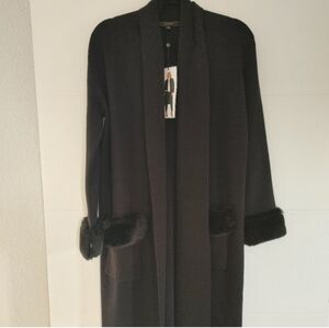 Maxsport Duster Cardigan  with Black Faux Fur Cuffs and Pockets Sz L